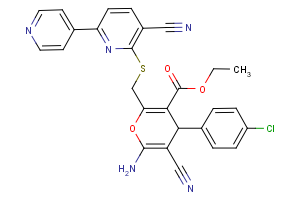 2-amino-3-cyano-4-(4-chlorophenyl)-5-ethoxocarbonyl-6-5-(2′-(3′-cyano-6′-(4-pyridayl)pyridyl))thiomethyl-1,4-dihydropyran